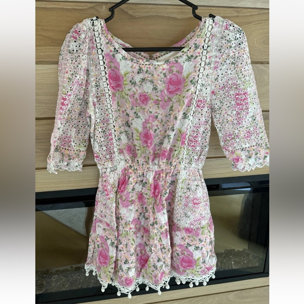 Loveshackfancy Floral Lace Boho Dress with Puff Sleeves and Crochet Trim Size P